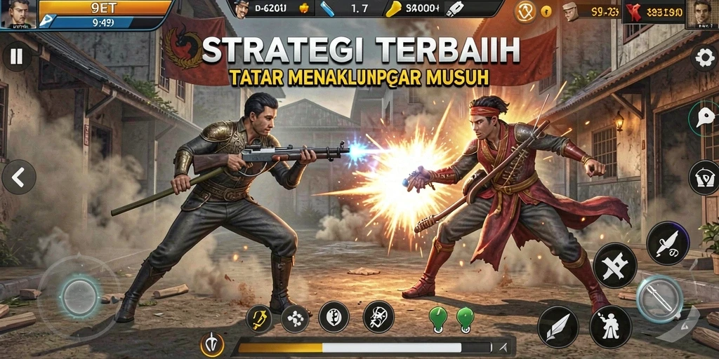 Screenshot gameplay 9ET yang menampilkan pertempuran strategi intens.