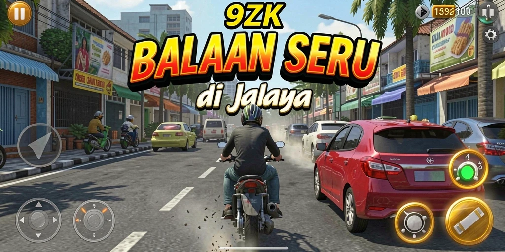Screenshot gameplay 9ZK yang menampilkan mobil balap melaju cepat di lintasan.