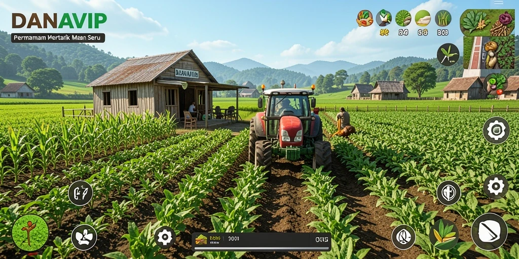 Tangkapan layar gameplay DANAVIP dengan aktivitas bertani yang menyenangkan.