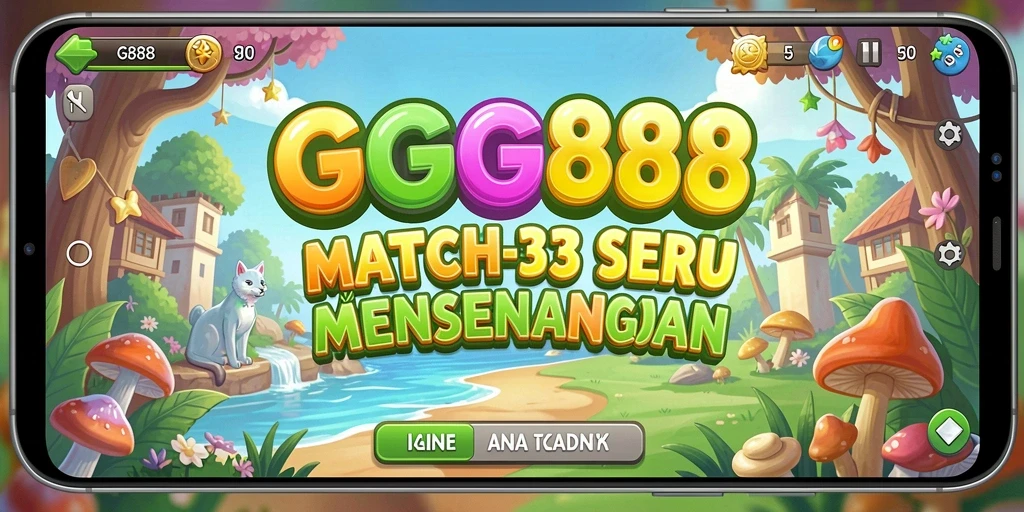 Screenshot utama GGG888 menunjukkan gameplay dinamis Match-3 yang penuh warna.