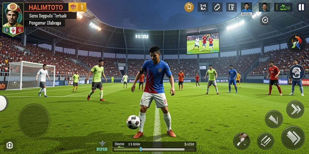 Tangkapan layar gameplay HALIMTOTO yang menampilkan aksi sepak bola yang seru.