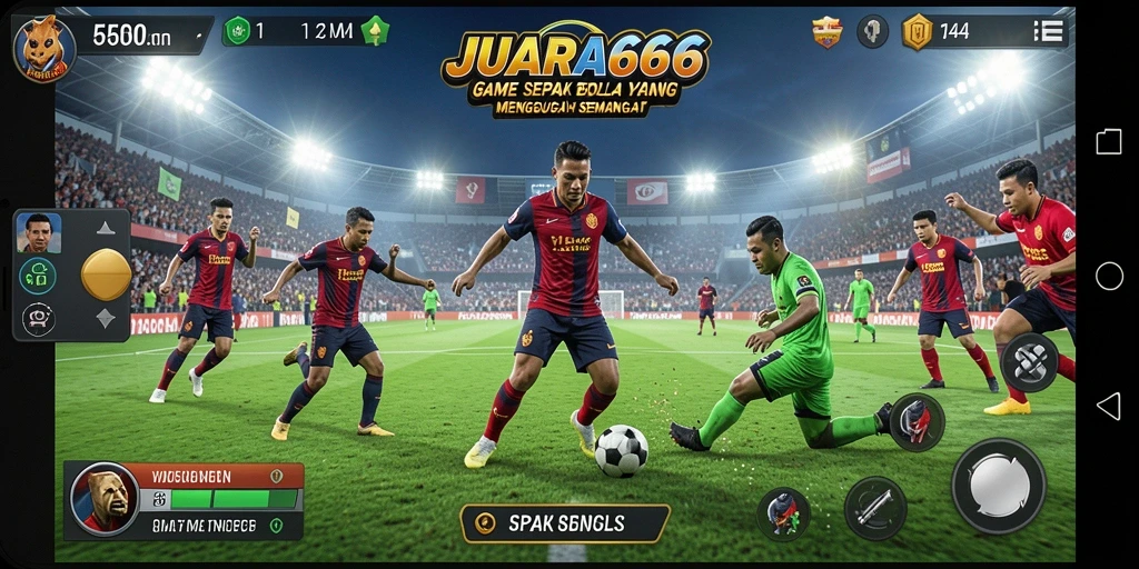 Screenshot utama JUARA666 menampilkan aksi seru di lapangan sepak bola.