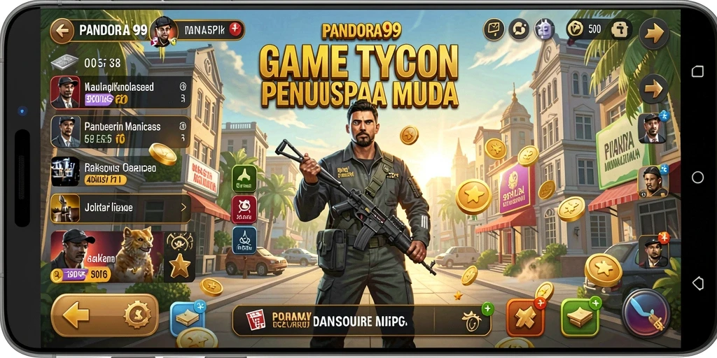 Screenshot PANDORA99 menampilkan gameplay simulasi bisnis yang menarik dan interaktif.