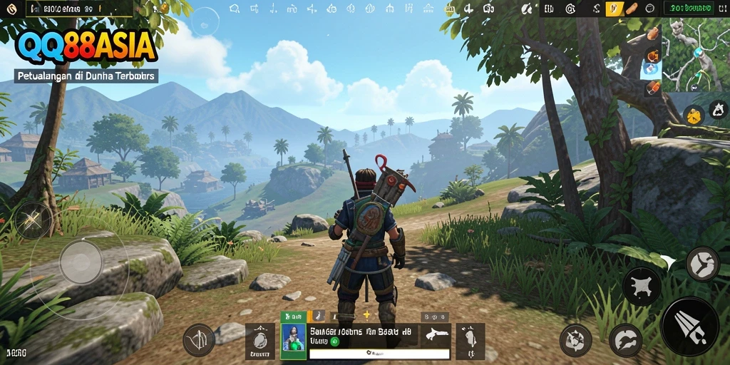 Screenshot gameplay QQ88ASIA menampilkan petualangan di dunia terbuka yang luas.