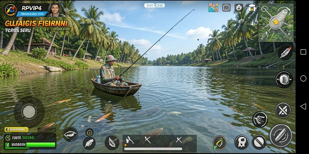 Screenshot utama RPVIP4 menampilkan pemain menangkap ikan di tengah lautan.