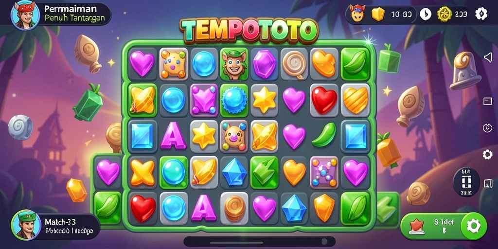 Screenshot gameplay TEMPOTOTO yang menampilkan pencocokan warna-warni.