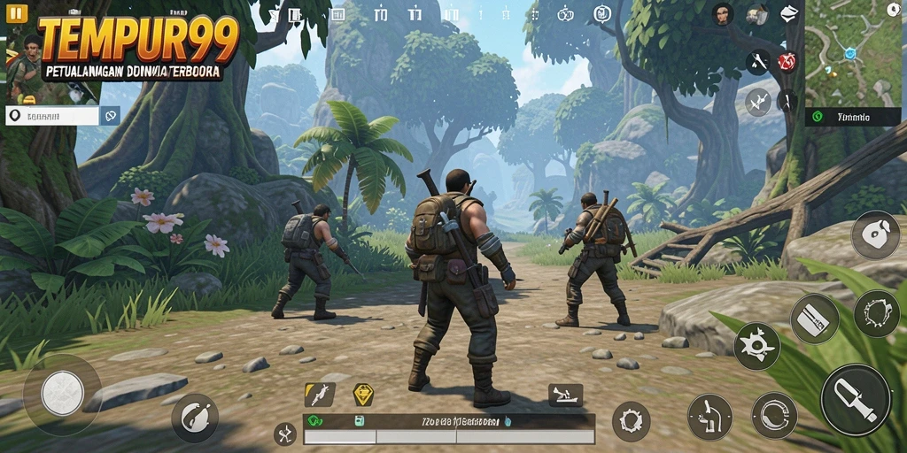 Screenshot gameplay TEMPUR99 menampilkan dunia terbuka yang luas dan interaktif.