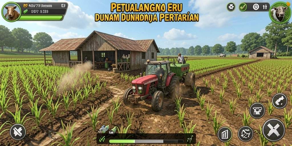 Tampilan utama gameplay VM777 menampilkan kebun yang subur dan aktivitas bertani.