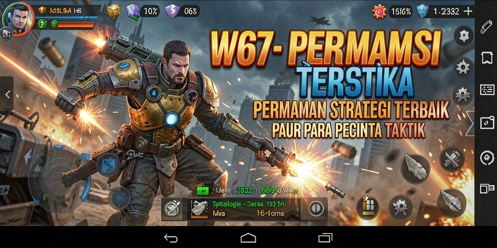 Screenshot gameplay W67 menunjukkan pertempuran strategi mendebarkan.